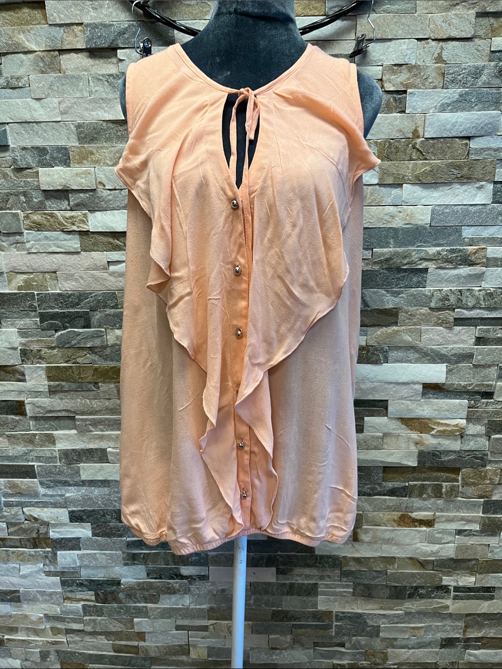 Maurices Peach Ruffle Front Tie Neck Sleeveless Blouse